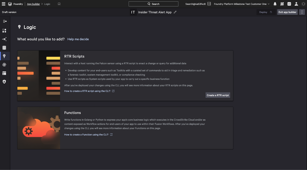 Screenshot showing Logic functions in Falcon Foundry