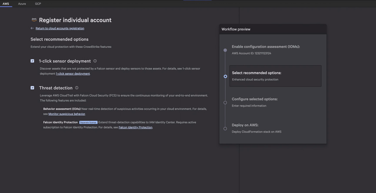 Figure 1. Easily enable this integration in the Falcon console with a guided step-by-step workflow, and get instant visibility into your AWS IAM Identity Center environment.